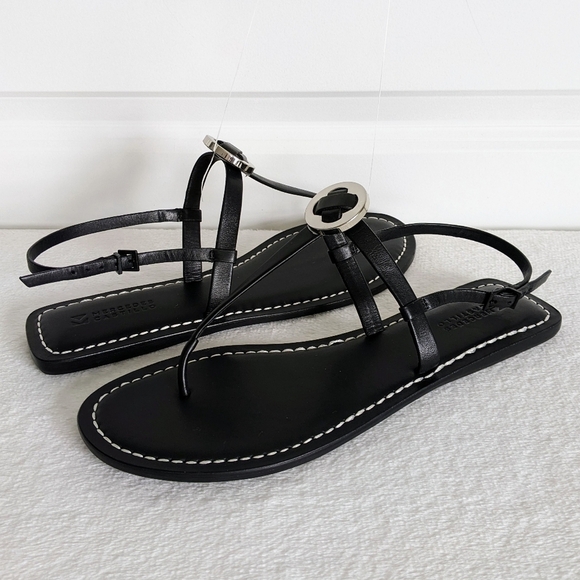 Mercedes Castillo Leather T-Strap Thong Sandal Flat Black Silver EU40 10 NWOB - Picture 8 of 15